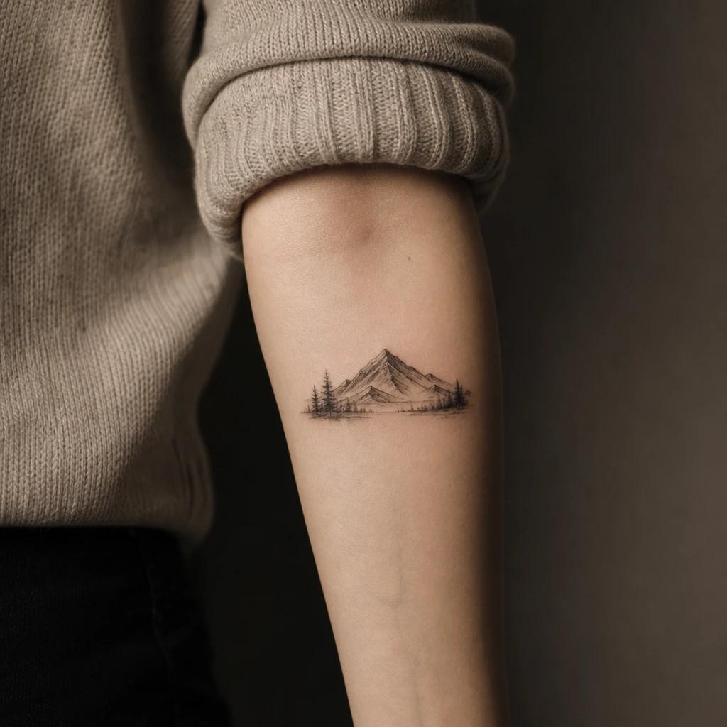 idée tatouage avant-bras femme mini paysage montagne, photo réaliste sur peau