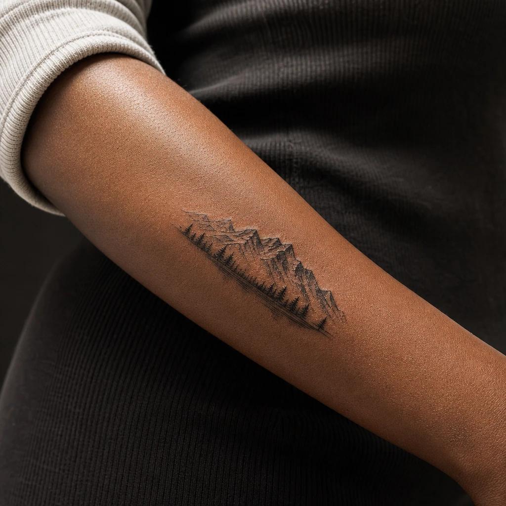 idée tatouage avant-bras femme mini paysage montagne, photo réaliste sur peau