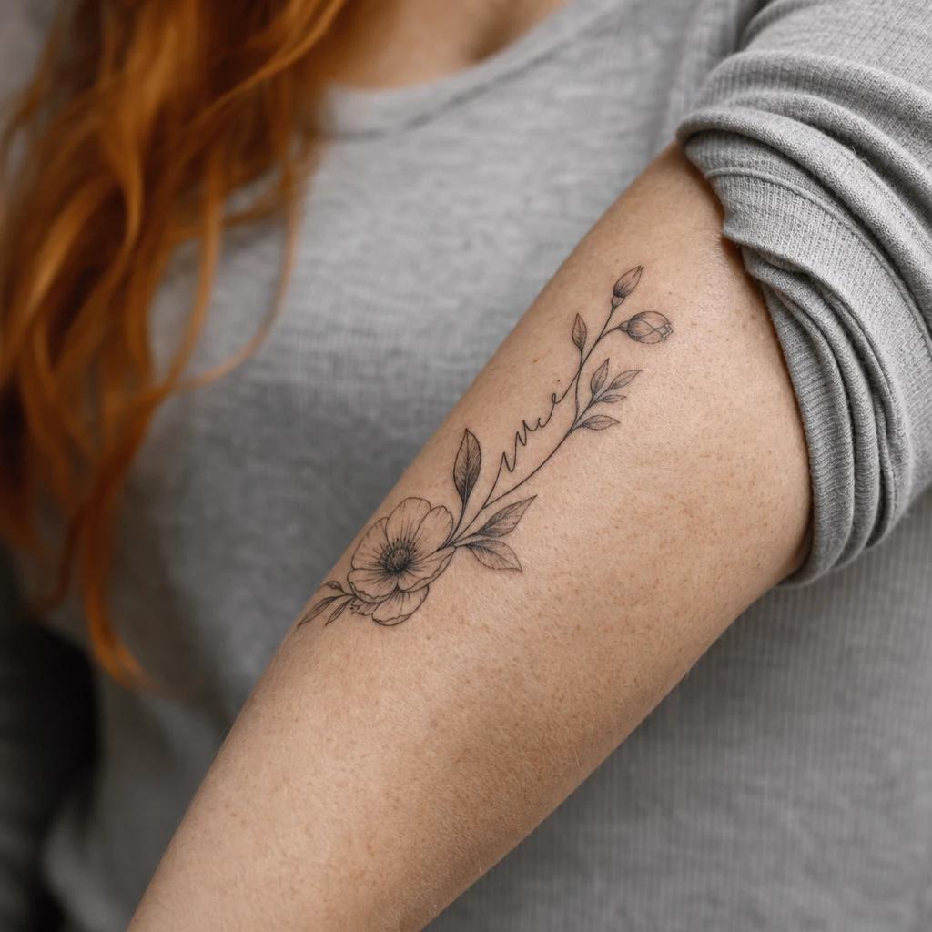 idée tatouage avant-bras femme prénom et fleur, photo réaliste sur peau