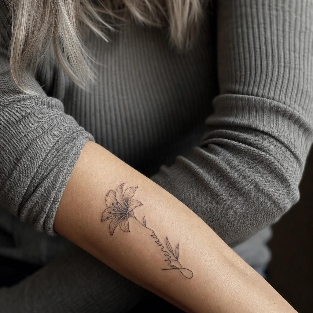 idée tatouage avant-bras femme prénom et fleur, photo réaliste sur peau