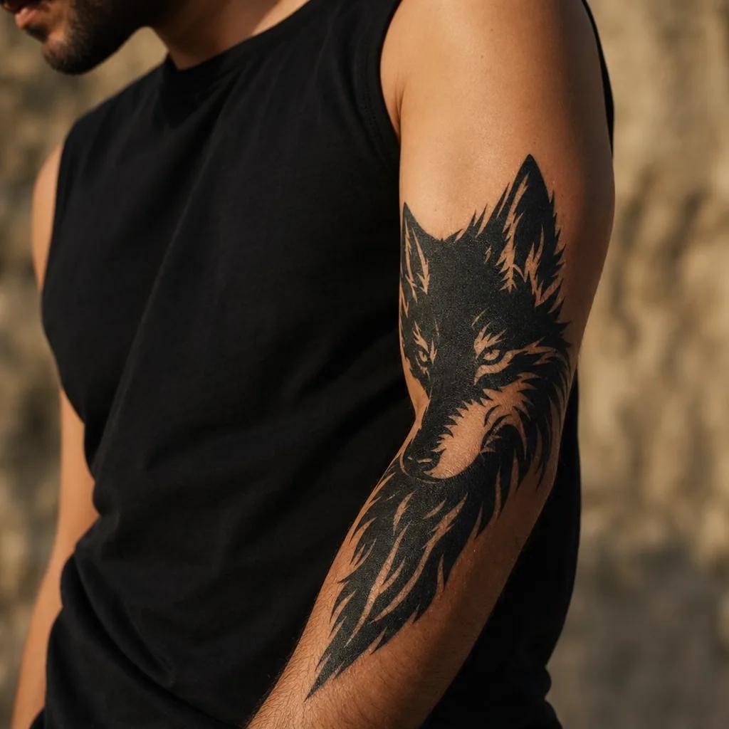 idée tatouage avant-bras homme loup blackwork, photo réaliste sur peau