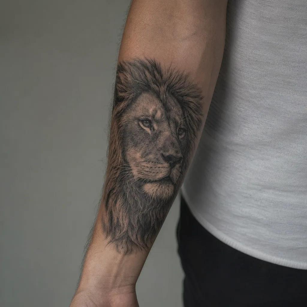 idée tatouage avant-bras homme lion réaliste, photo réaliste sur peau