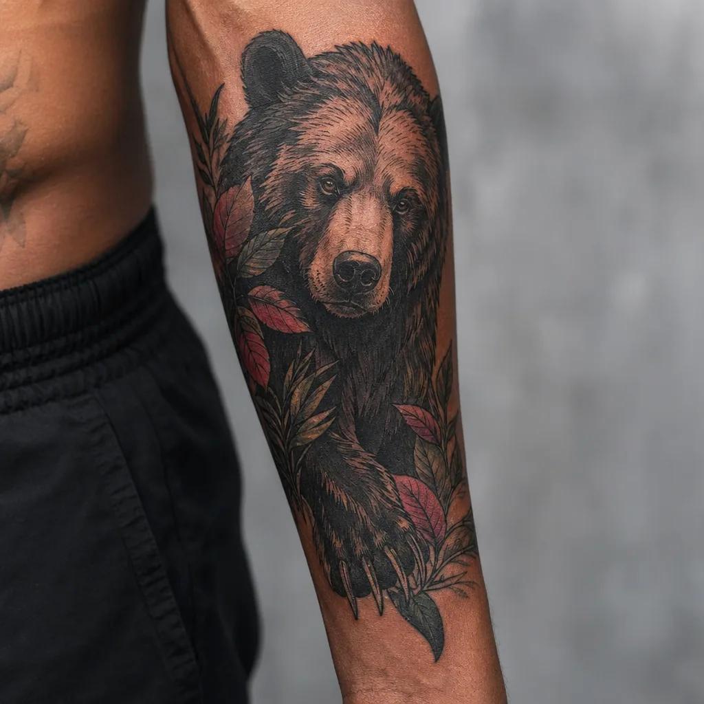 idée tatouage avant-bras homme ours néo-traditionnel, photo réaliste sur peau