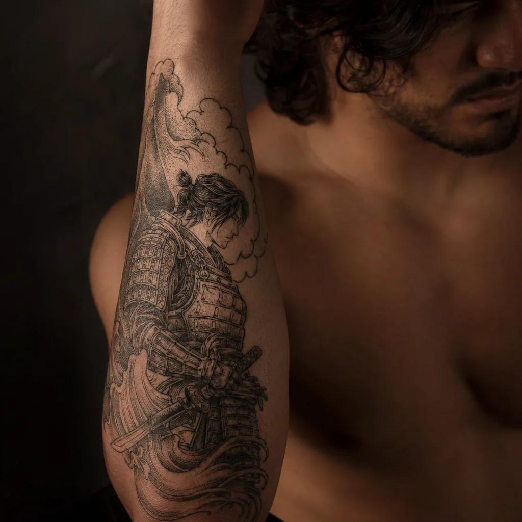 idée tatouage avant-bras homme samouraï japonais, photo réaliste sur peau