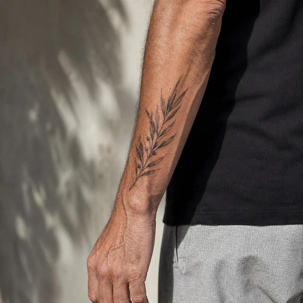 idée tatouage avant-bras homme branche d'olivier, photo réaliste sur peau