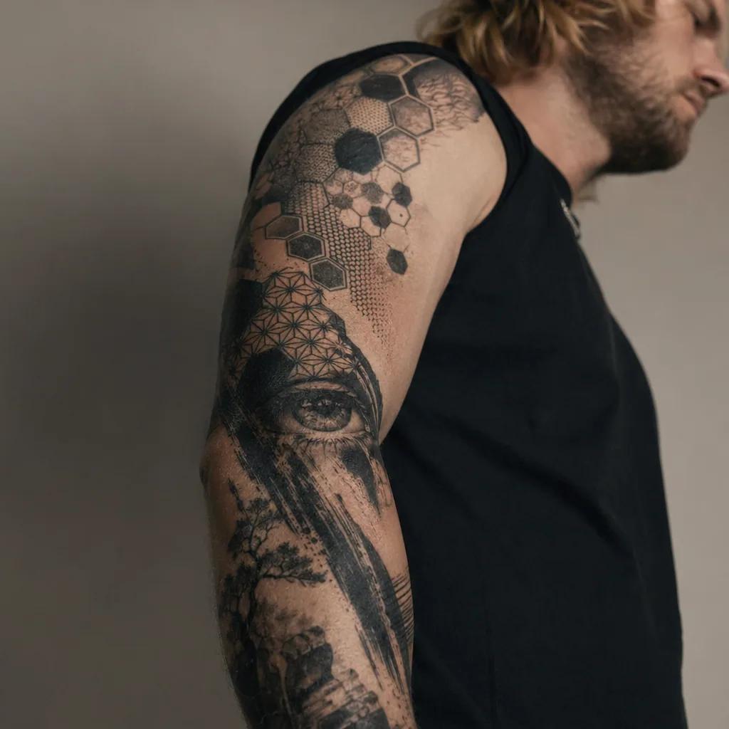 idée tatouage avant-bras homme patchwork avant-bras, photo réaliste sur peau