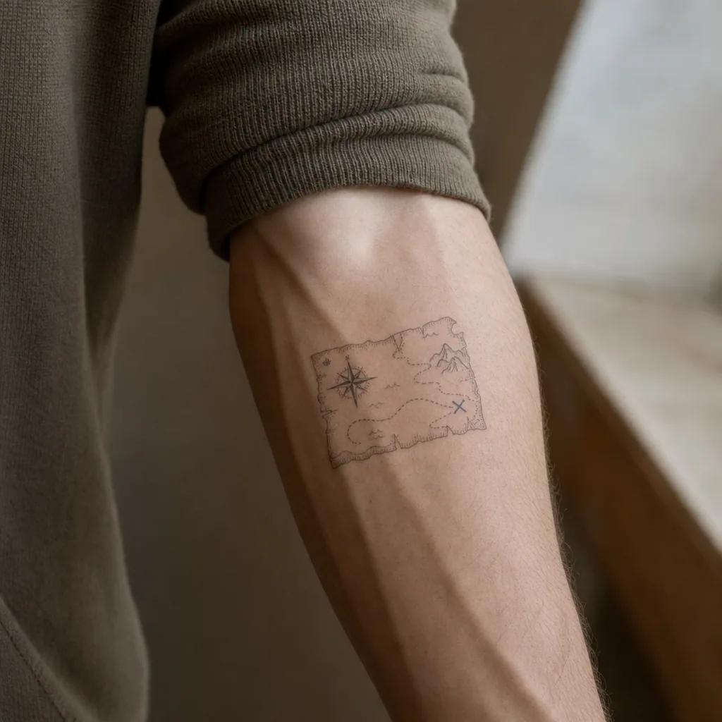 idée tatouage avant-bras homme carte au trésor fine line, photo réaliste sur peau
