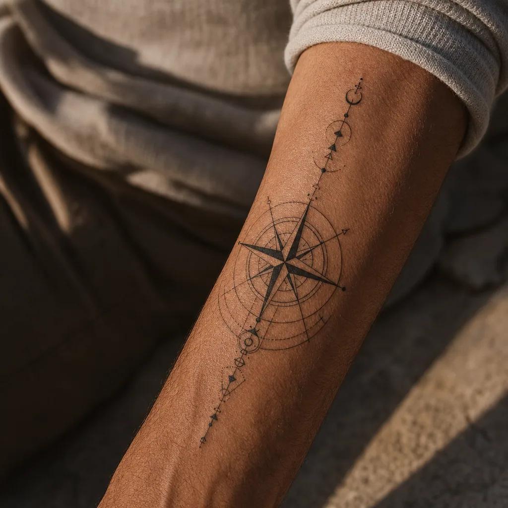 idée tatouage avant-bras homme boussole géométrique, photo réaliste sur peau