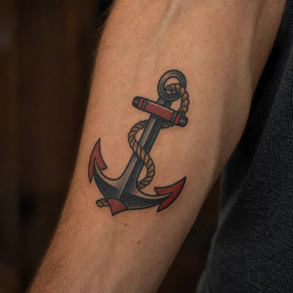 idée tatouage avant-bras homme ancre old school, photo réaliste sur peau