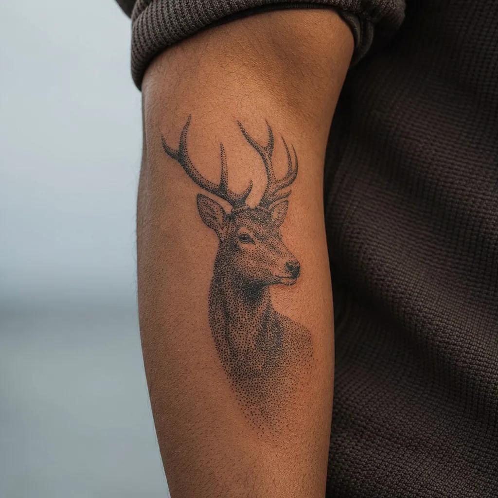 idée tatouage avant-bras homme cerf dotwork, photo réaliste sur peau