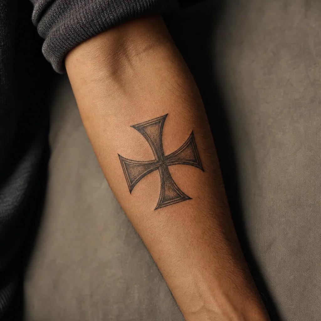 idée tatouage avant-bras homme croix templière, photo réaliste sur peau