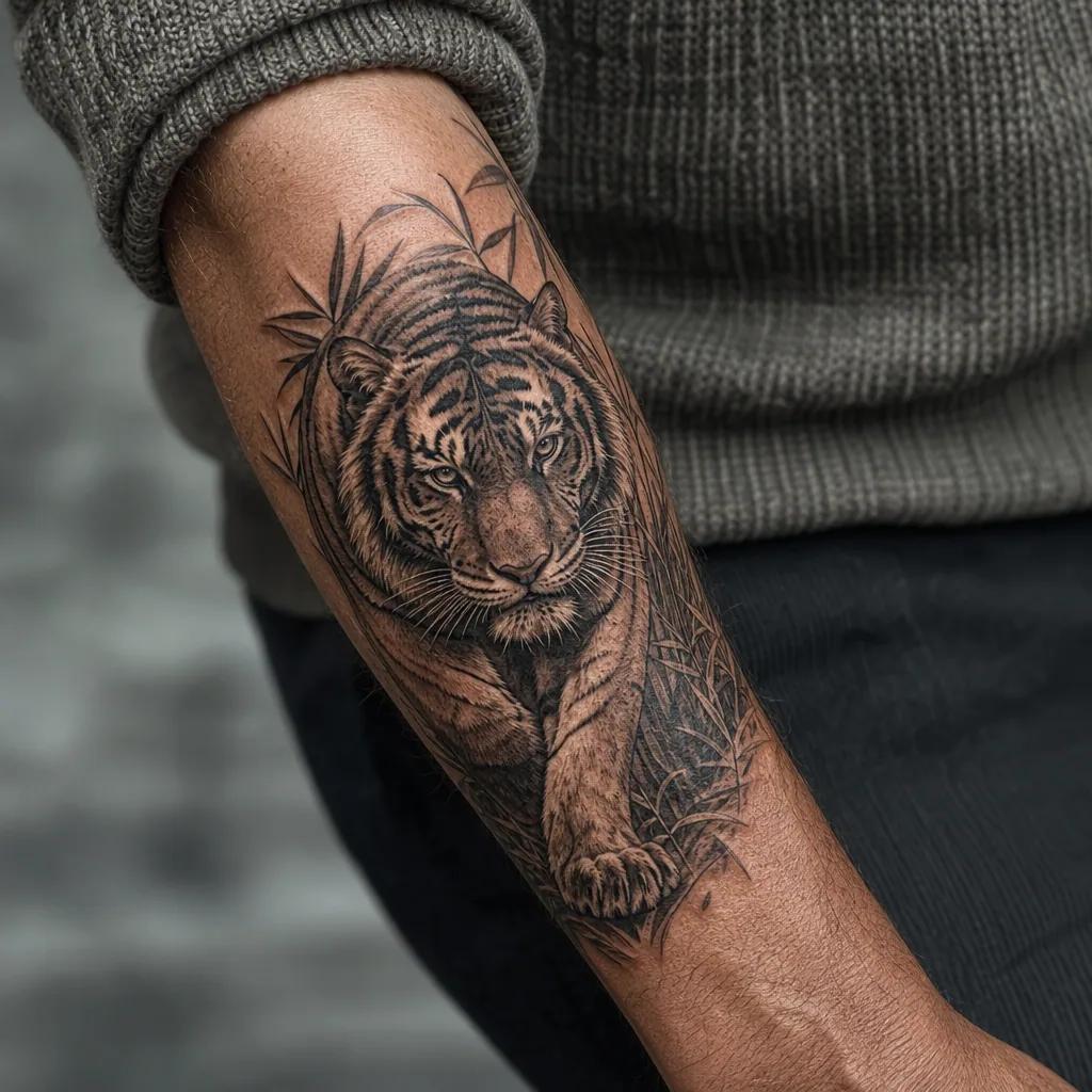 idée tatouage avant-bras homme tigre puissant, photo réaliste sur peau