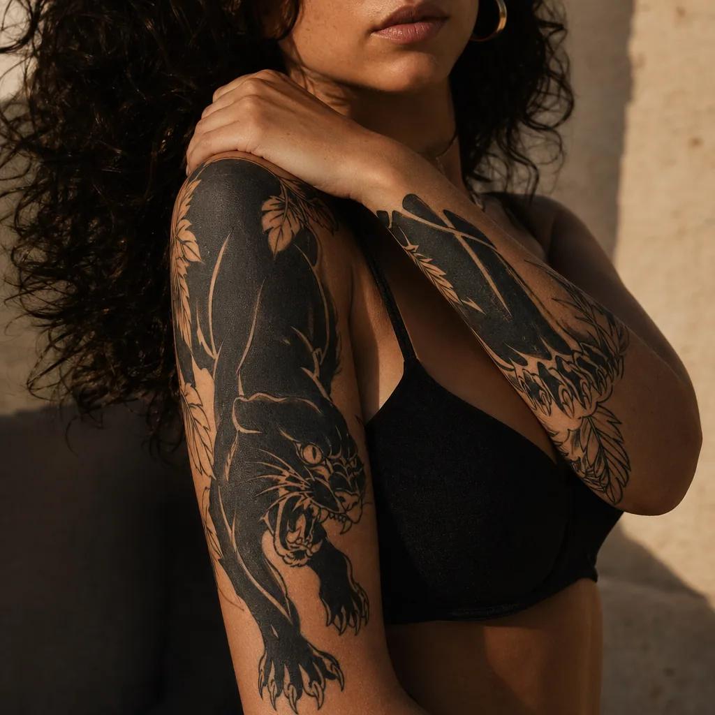 idée tatouage bras panthère blackwork, photo réaliste sur peau
