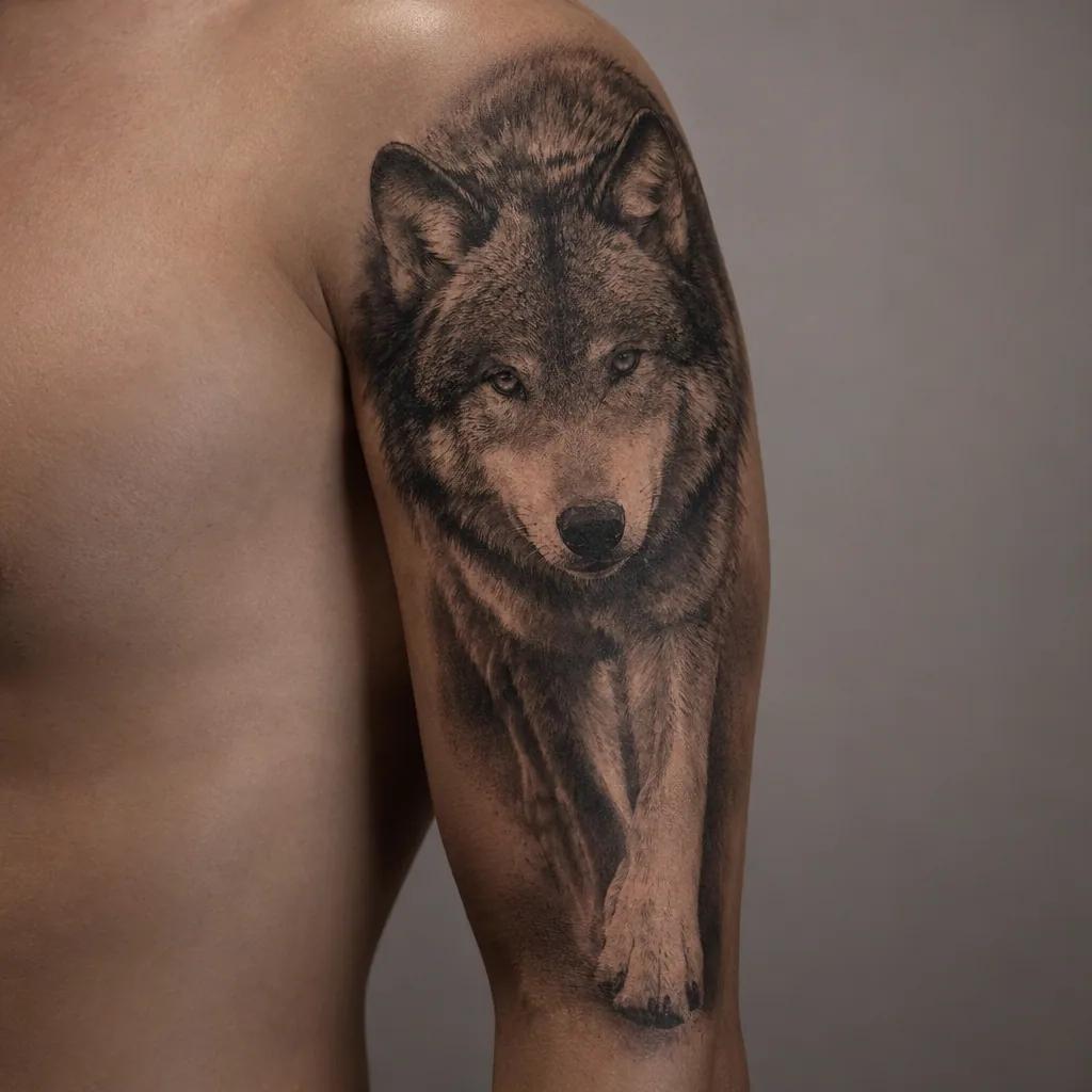 idée tatouage bras loup réaliste vertical, photo réaliste sur peau