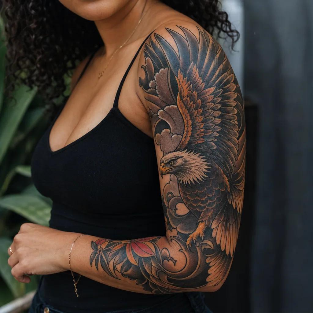 idée tatouage bras aigle néo-traditionnel, photo réaliste sur peau