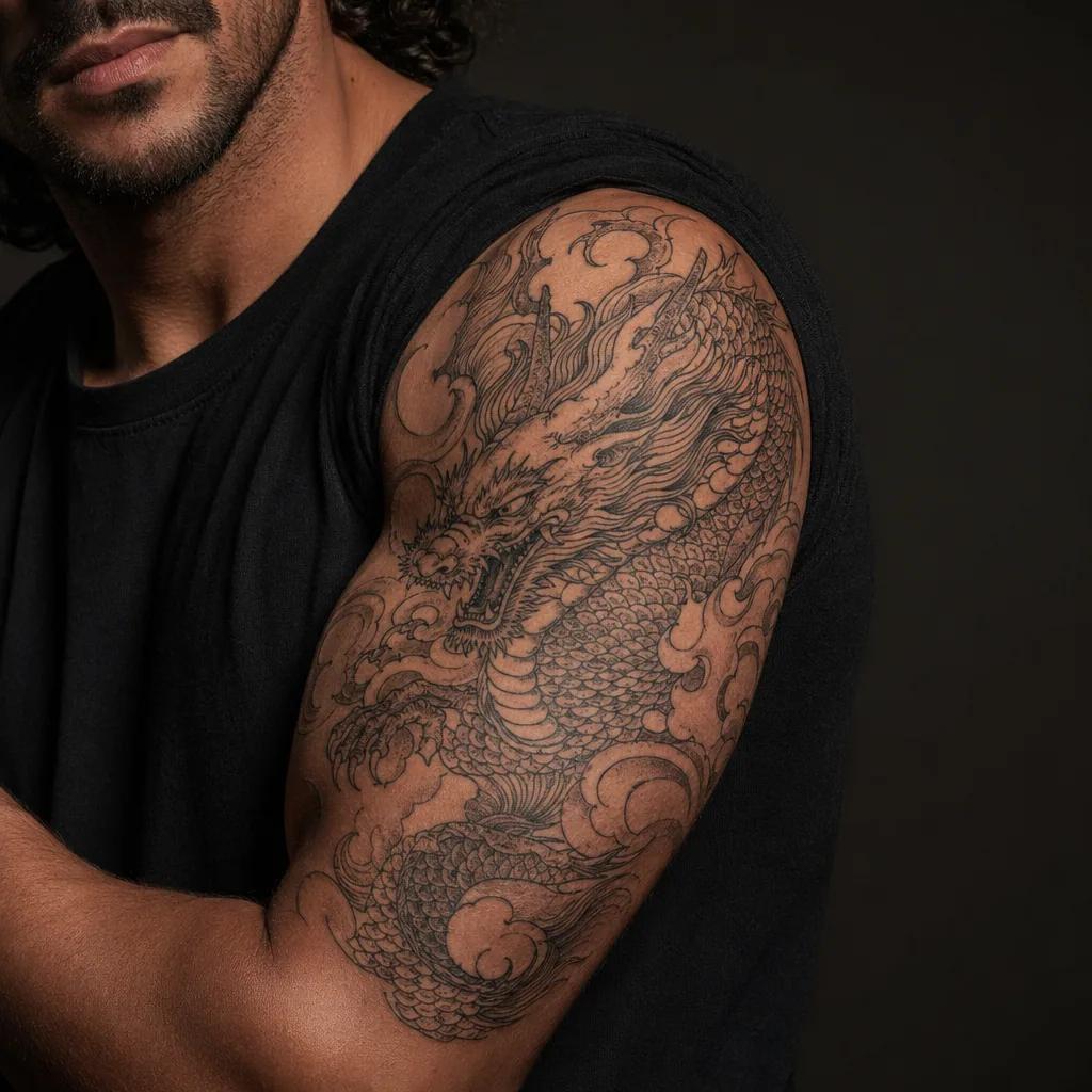 idée tatouage bras dragon japonais sleeve, photo réaliste sur peau