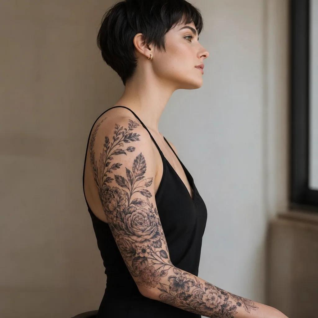 idée tatouage bras composition florale masculine, photo réaliste sur peau
