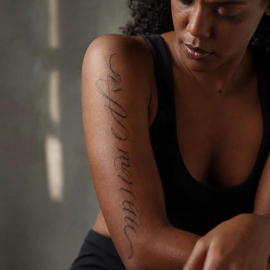 idée tatouage bras lettrage vertical, photo réaliste sur peau