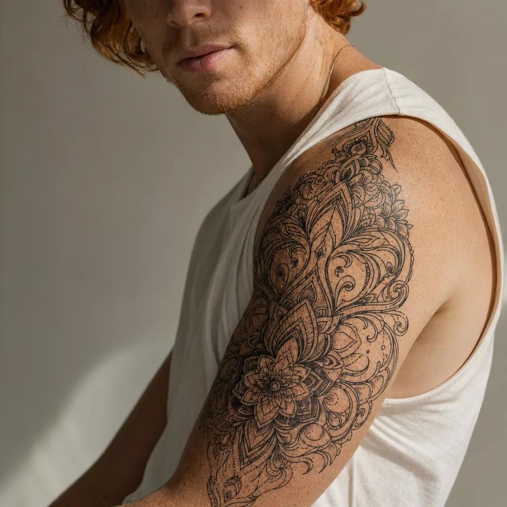 idée tatouage bras manche ornementale, photo réaliste sur peau