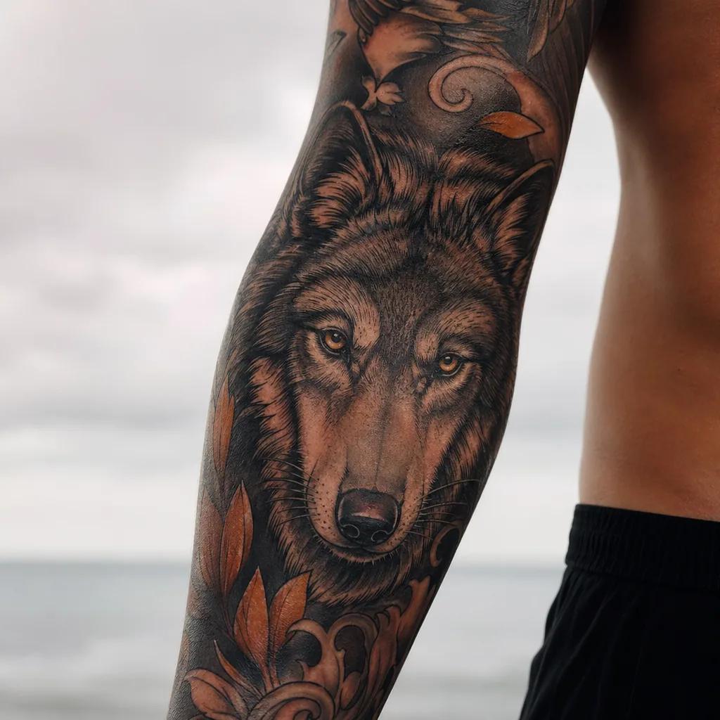 idée tatouage bras homme loup néo-traditionnel, photo réaliste sur peau