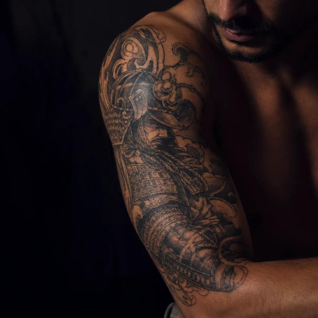 idée tatouage bras homme samouraï japonais, photo réaliste sur peau