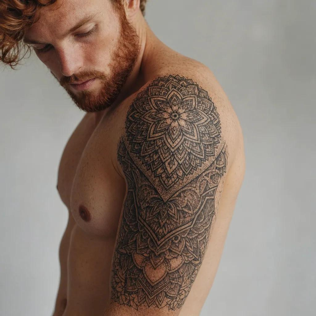 idée tatouage bras homme mandala arm sleeve, photo réaliste sur peau