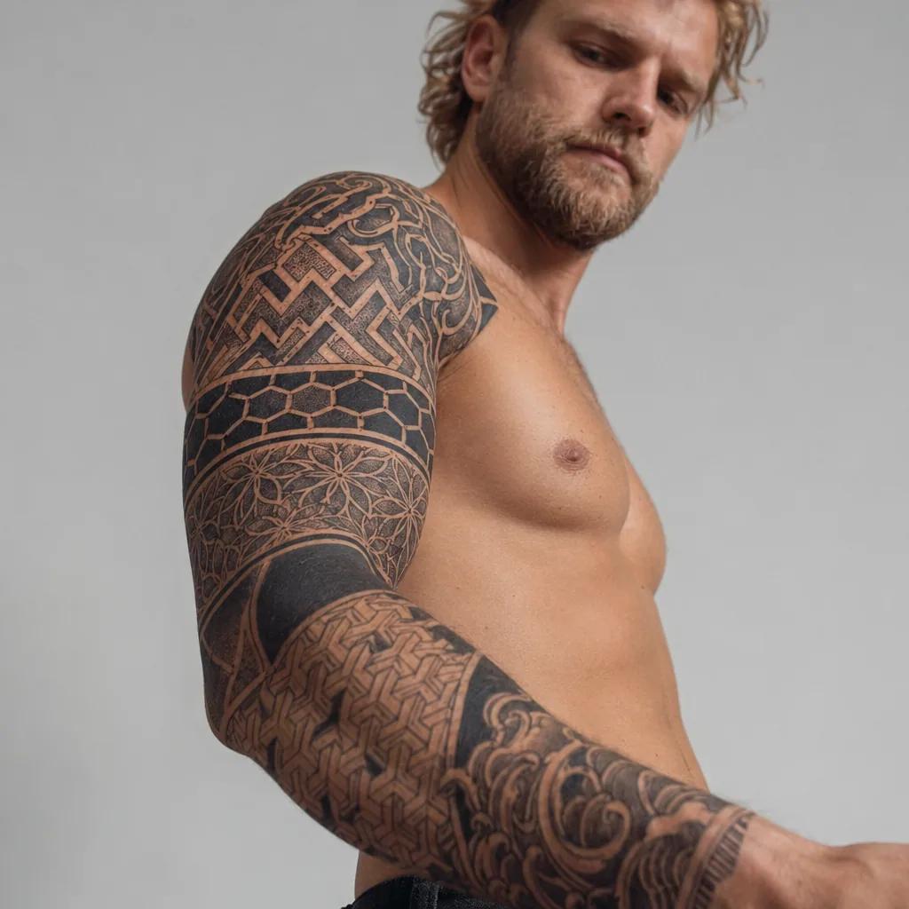 idée tatouage bras homme patchwork avant-bras, photo réaliste sur peau