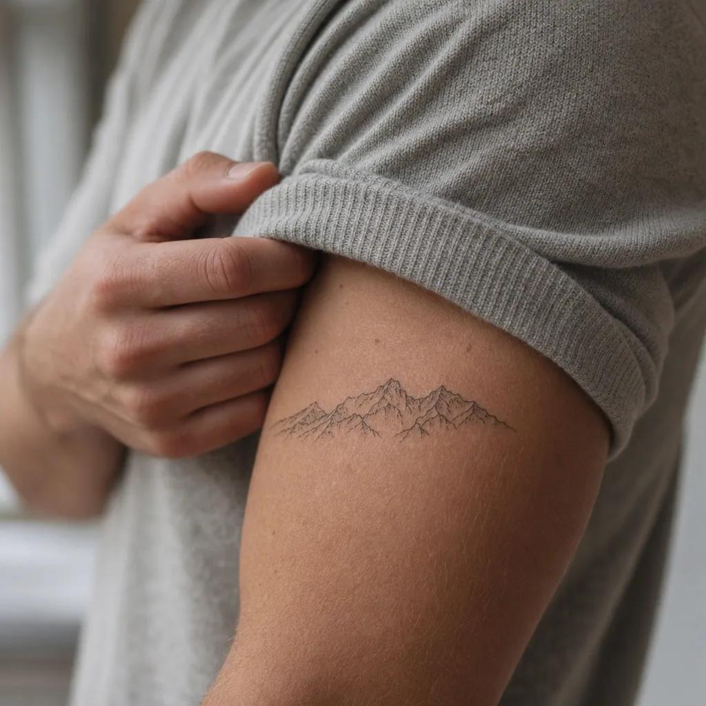 idée tatouage bras homme montagne fine line, photo réaliste sur peau