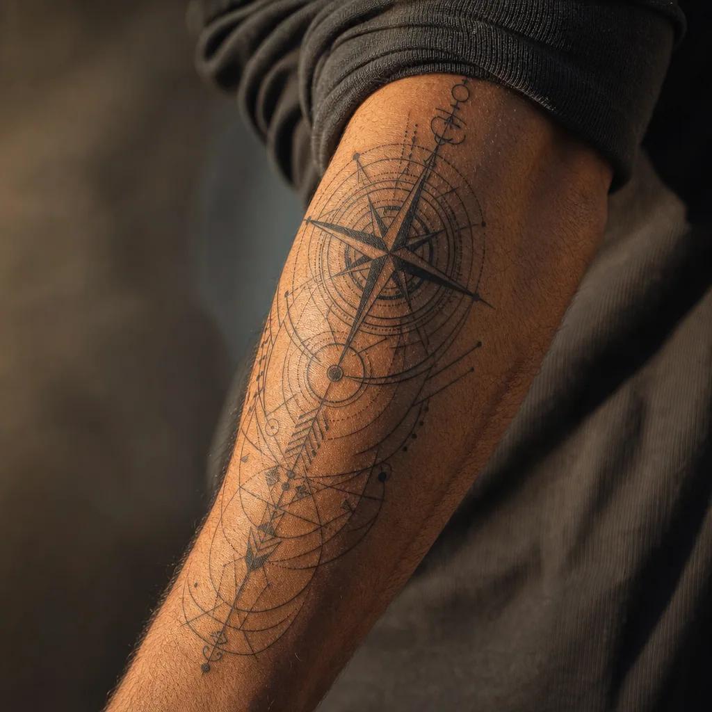 idée tatouage bras homme boussole géométrique, photo réaliste sur peau