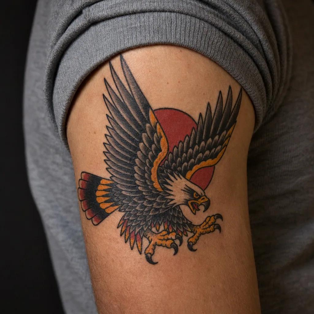 idée tatouage bras homme aigle old school masculin, photo réaliste sur peau