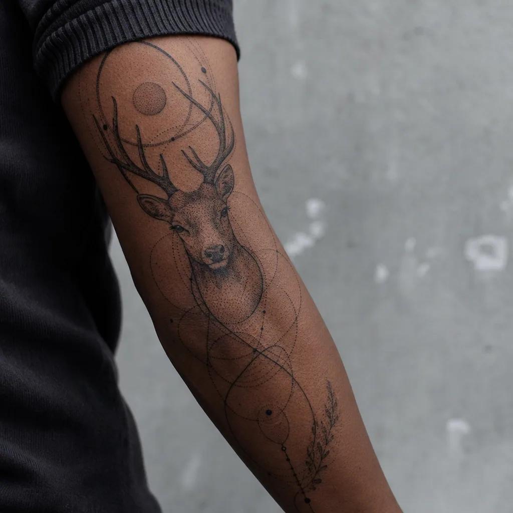 idée tatouage bras homme cerf dotwork, photo réaliste sur peau