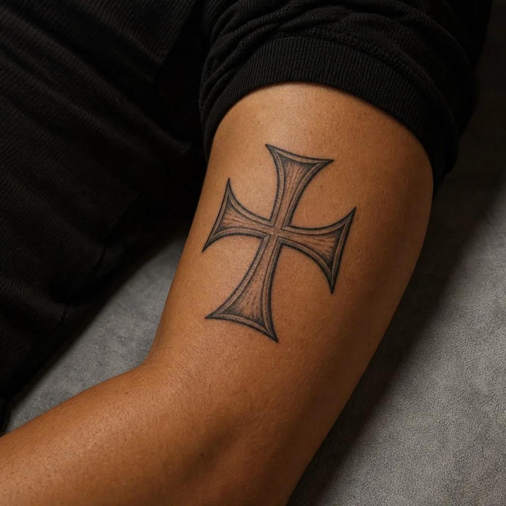 idée tatouage bras homme croix templière, photo réaliste sur peau