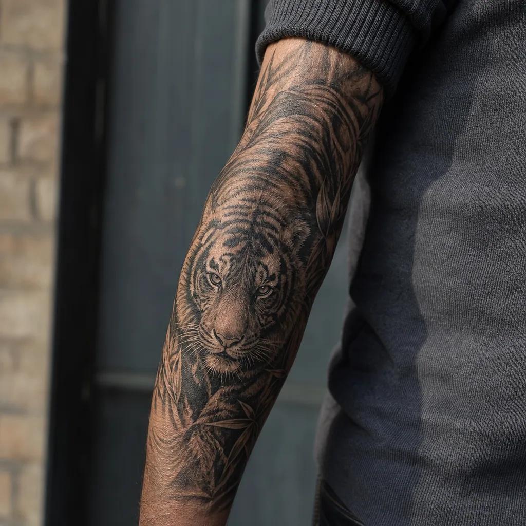 idée tatouage bras homme tigre puissant, photo réaliste sur peau
