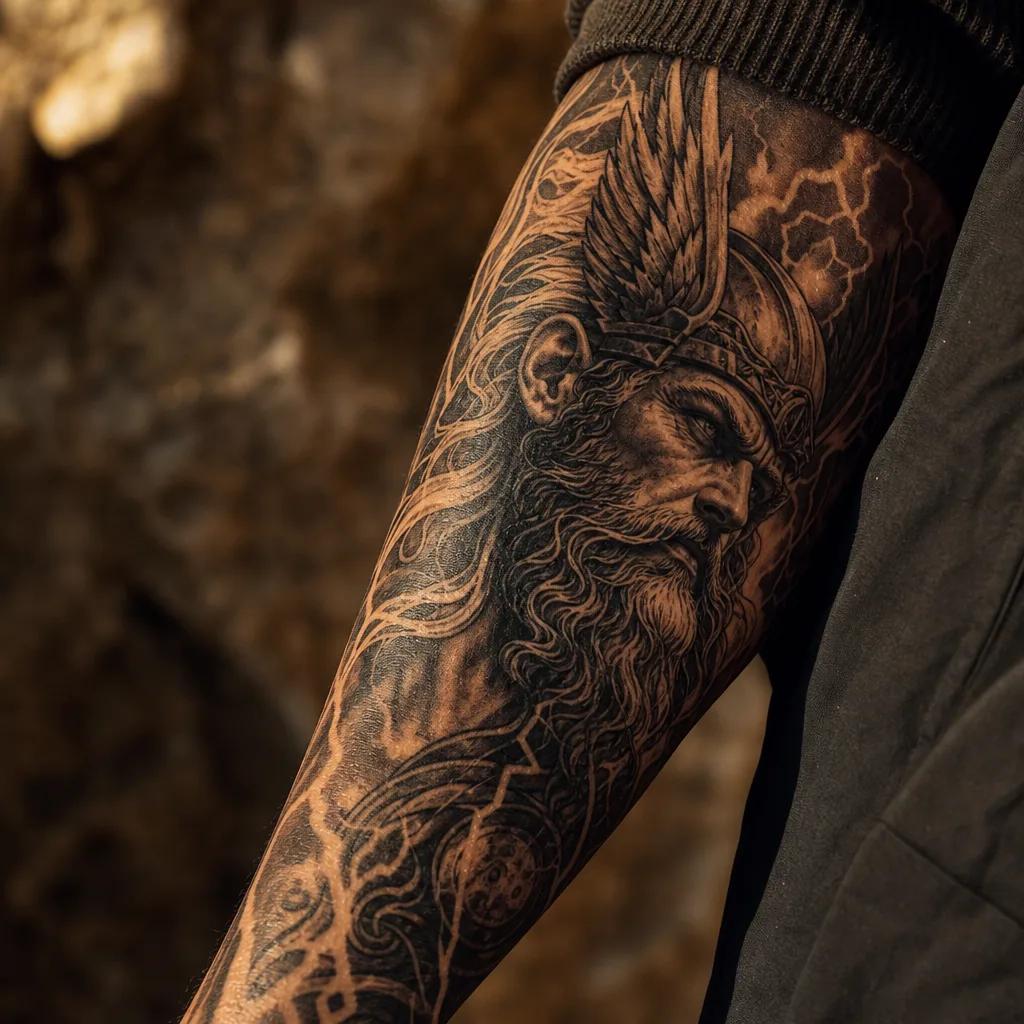 idée tatouage bras homme thor mythologique, photo réaliste sur peau