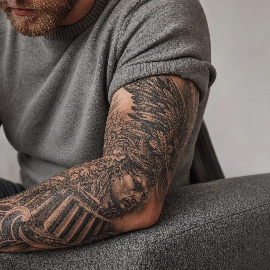 idée tatouage bras homme sleeve premium, photo réaliste sur peau