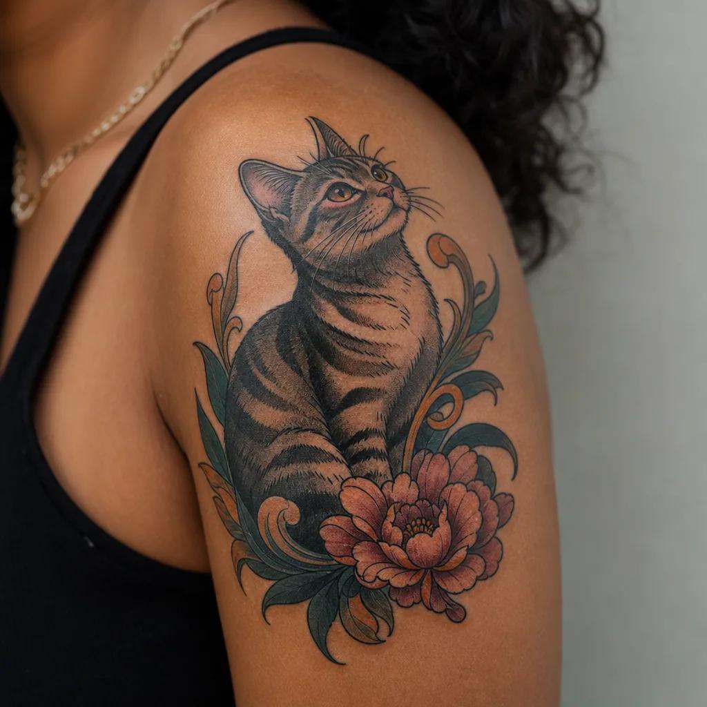 idée tatouage chat chat curieux néo-traditionnel, photo réaliste sur peau