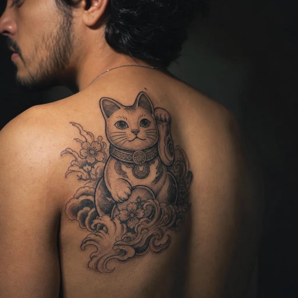 idée tatouage chat chat japonais maneki-neko, photo réaliste sur peau