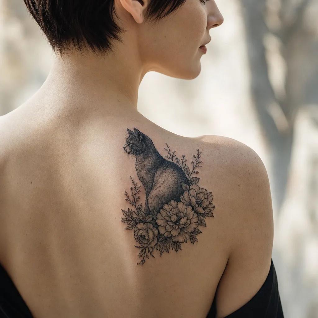 idée tatouage chat chat dans les fleurs floral, photo réaliste sur peau