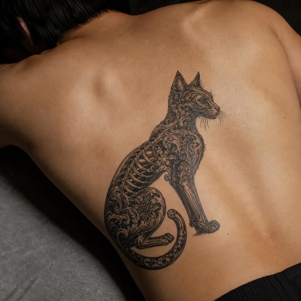 idée tatouage chat chat squelette ornemental, photo réaliste sur peau