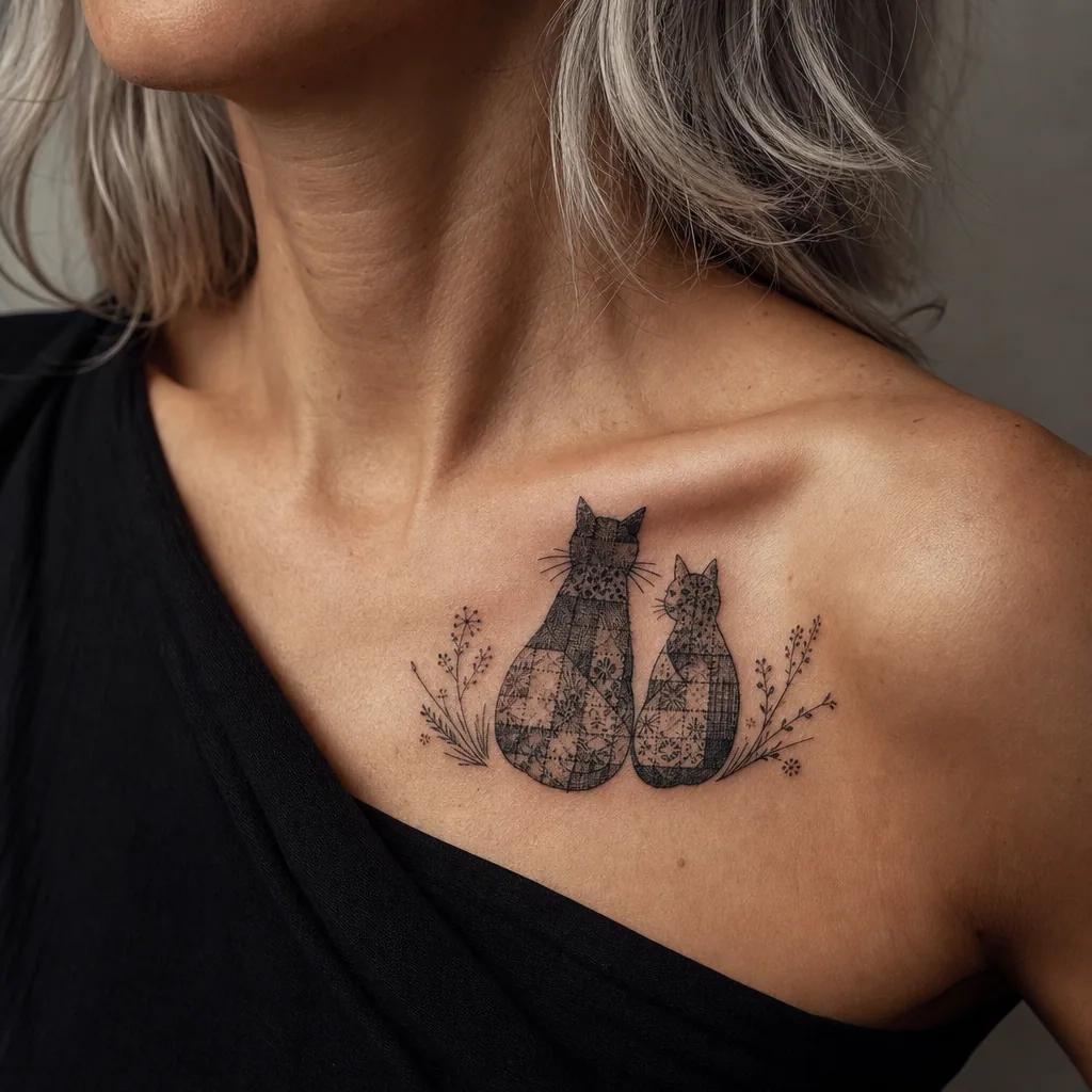 idée tatouage chat patchwork chats vintage, photo réaliste sur peau