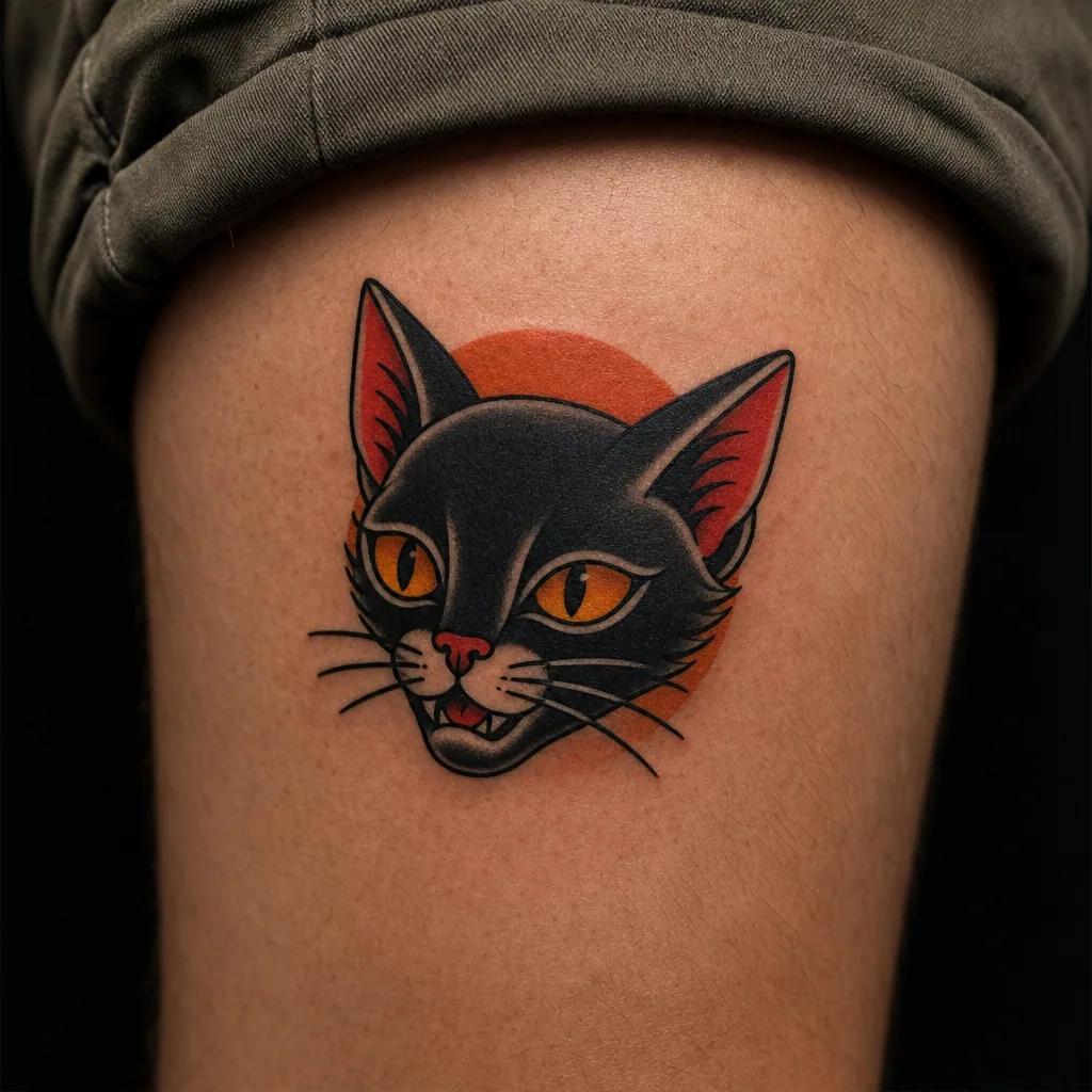 idée tatouage chat chat noir old school, photo réaliste sur peau