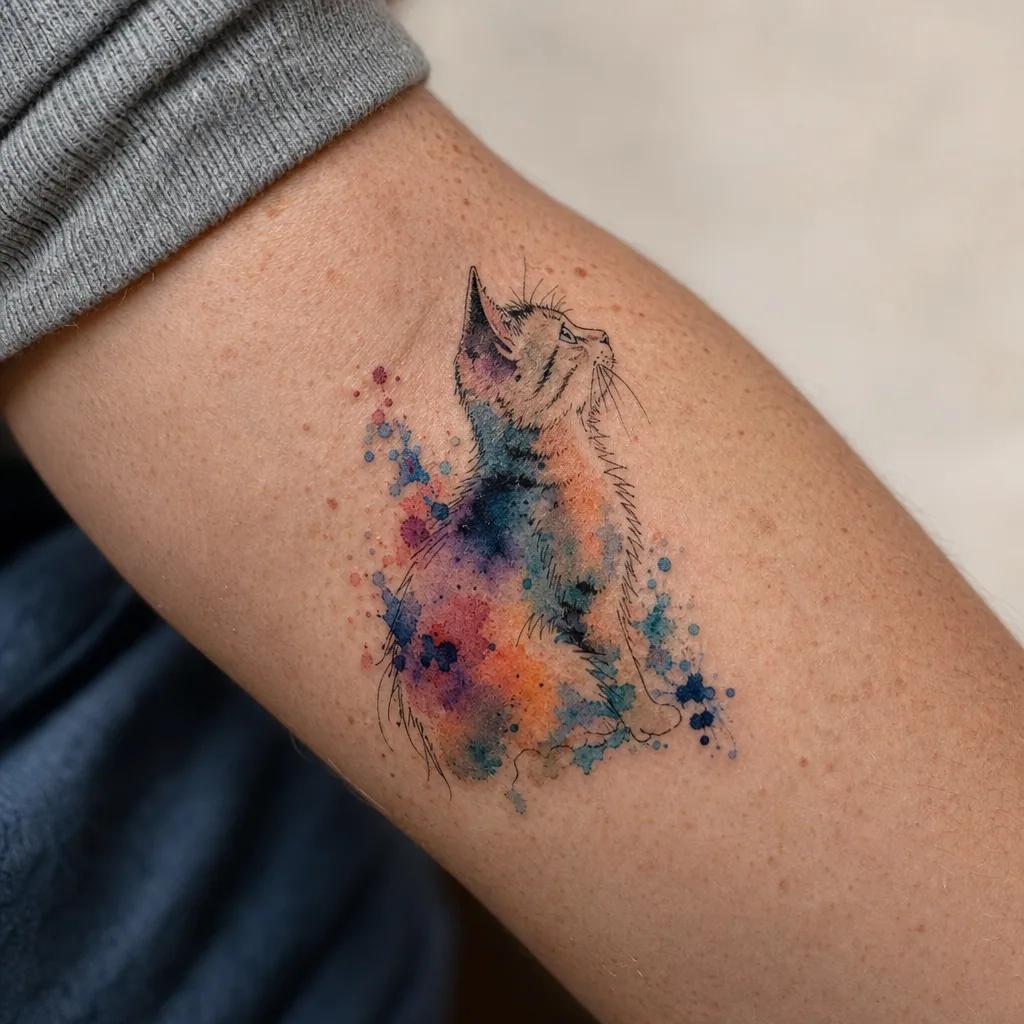 idée tatouage chat chat aquarelle splash, photo réaliste sur peau