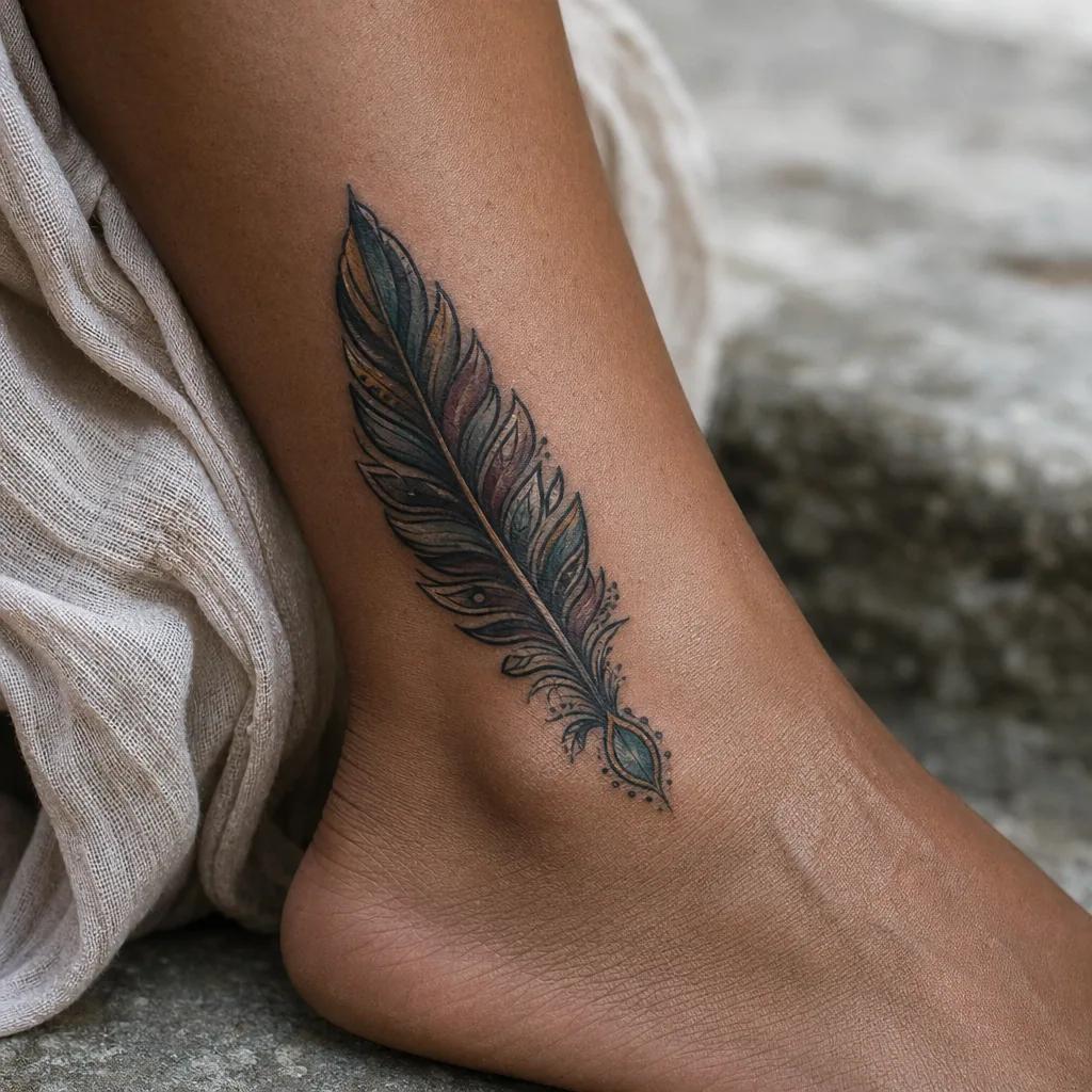 idée tatouage cheville plume néo-traditionnelle, photo réaliste sur peau