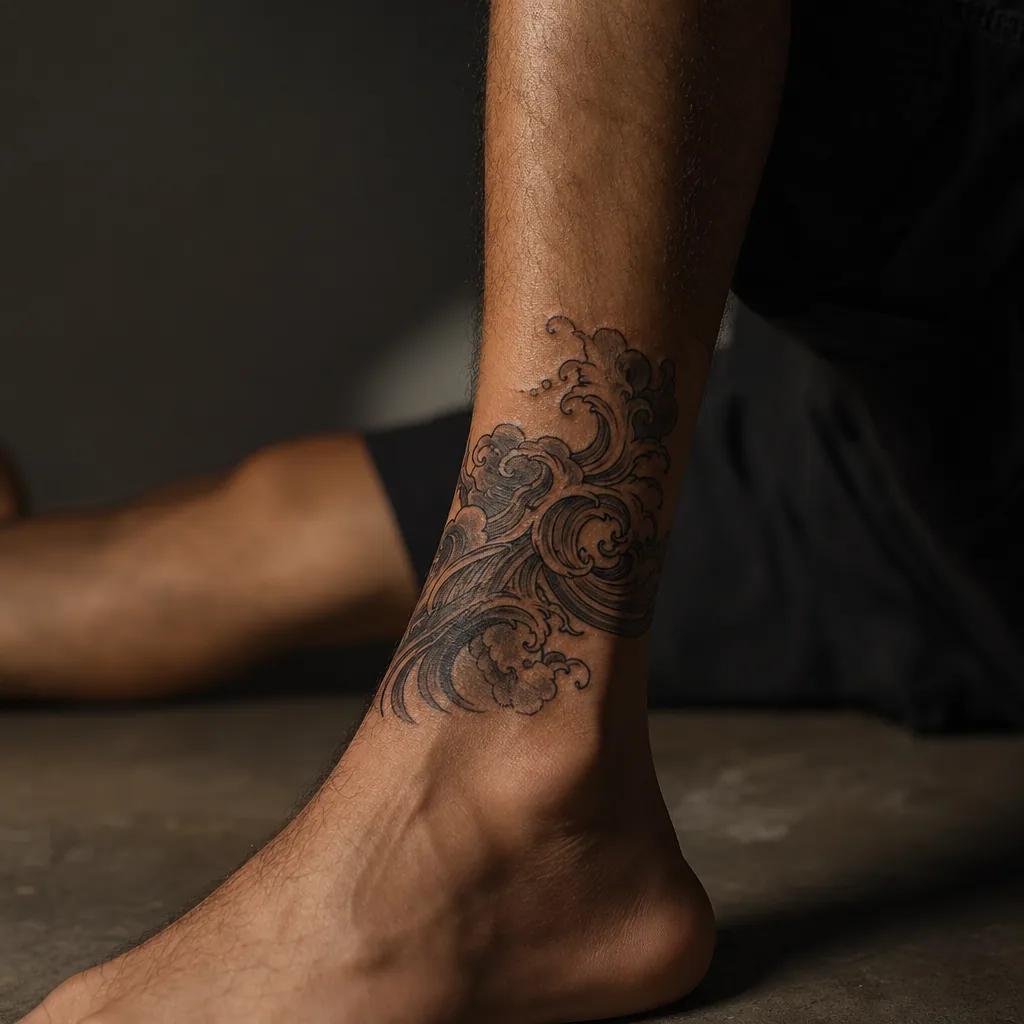 idée tatouage cheville vague japonaise, photo réaliste sur peau