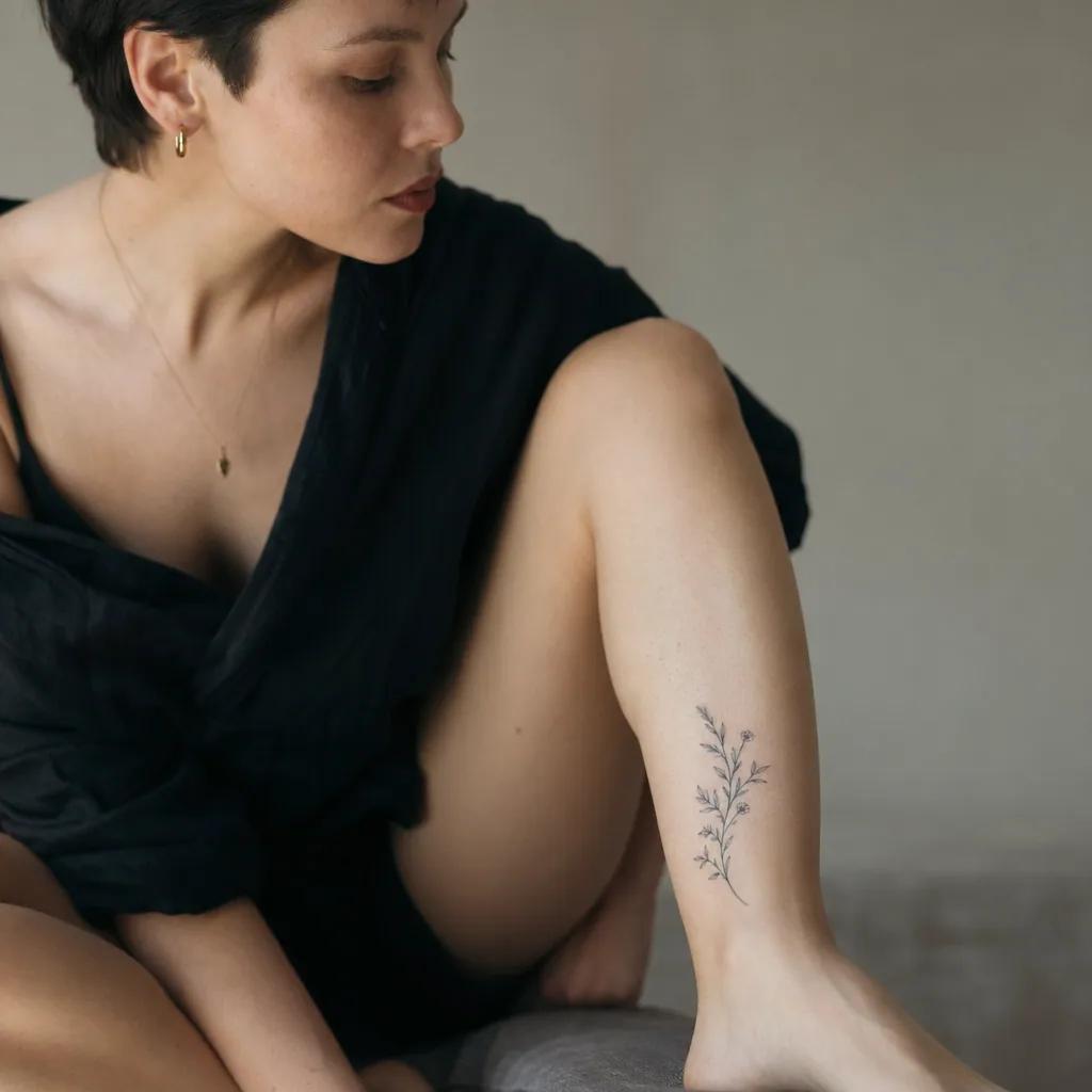 idée tatouage cheville branche florale, photo réaliste sur peau