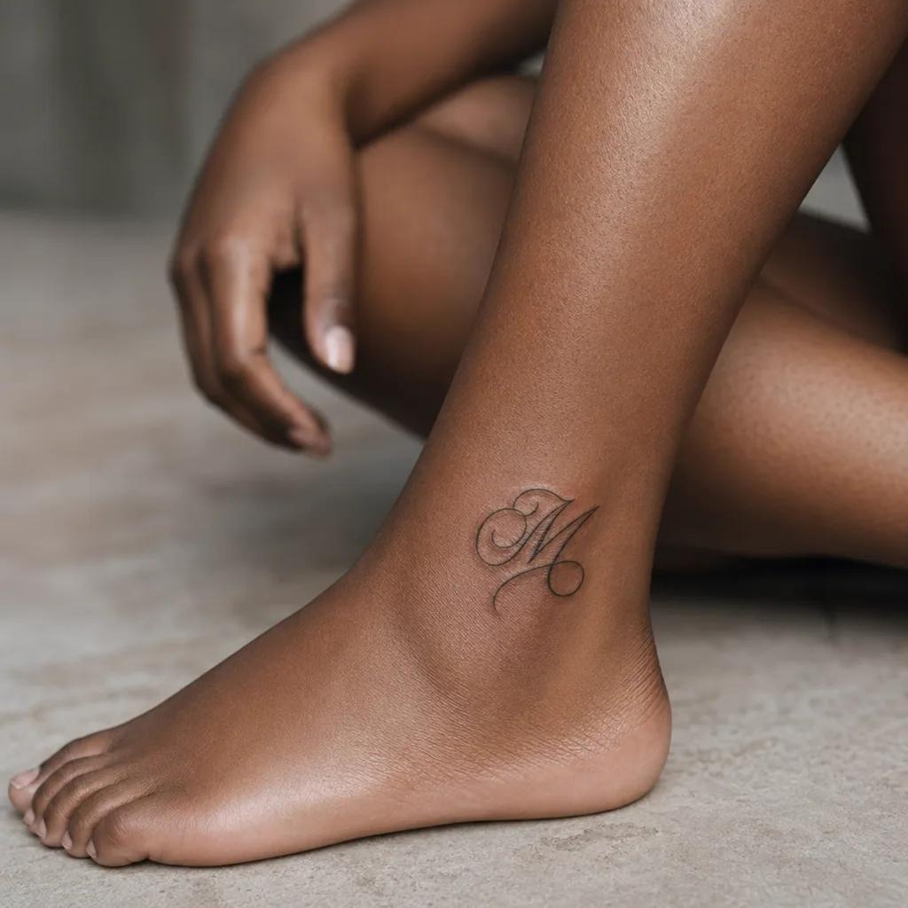 idée tatouage cheville lettrage initiale, photo réaliste sur peau