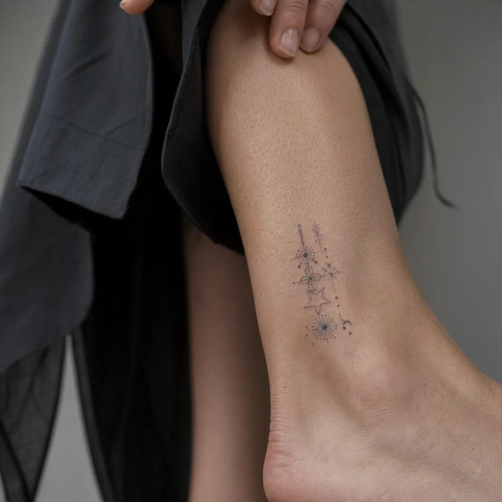 idée tatouage cheville patchwork micro-symboles, photo réaliste sur peau