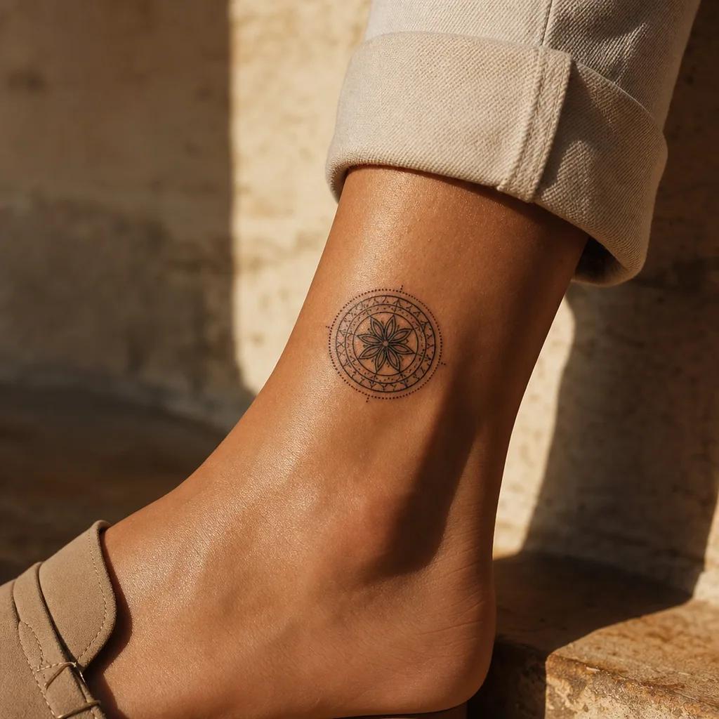 idée tatouage cheville cercle géométrique, photo réaliste sur peau