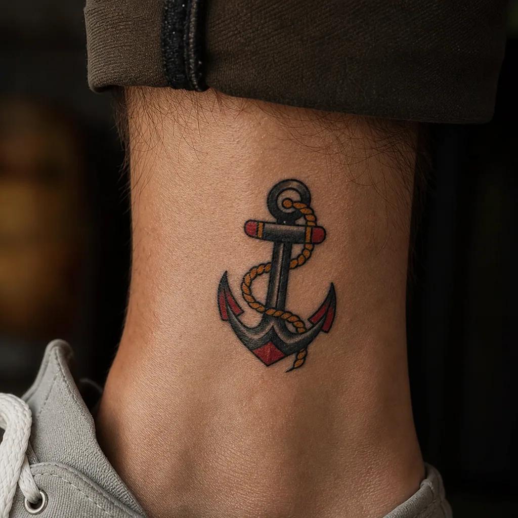 idée tatouage cheville ancre old school, photo réaliste sur peau