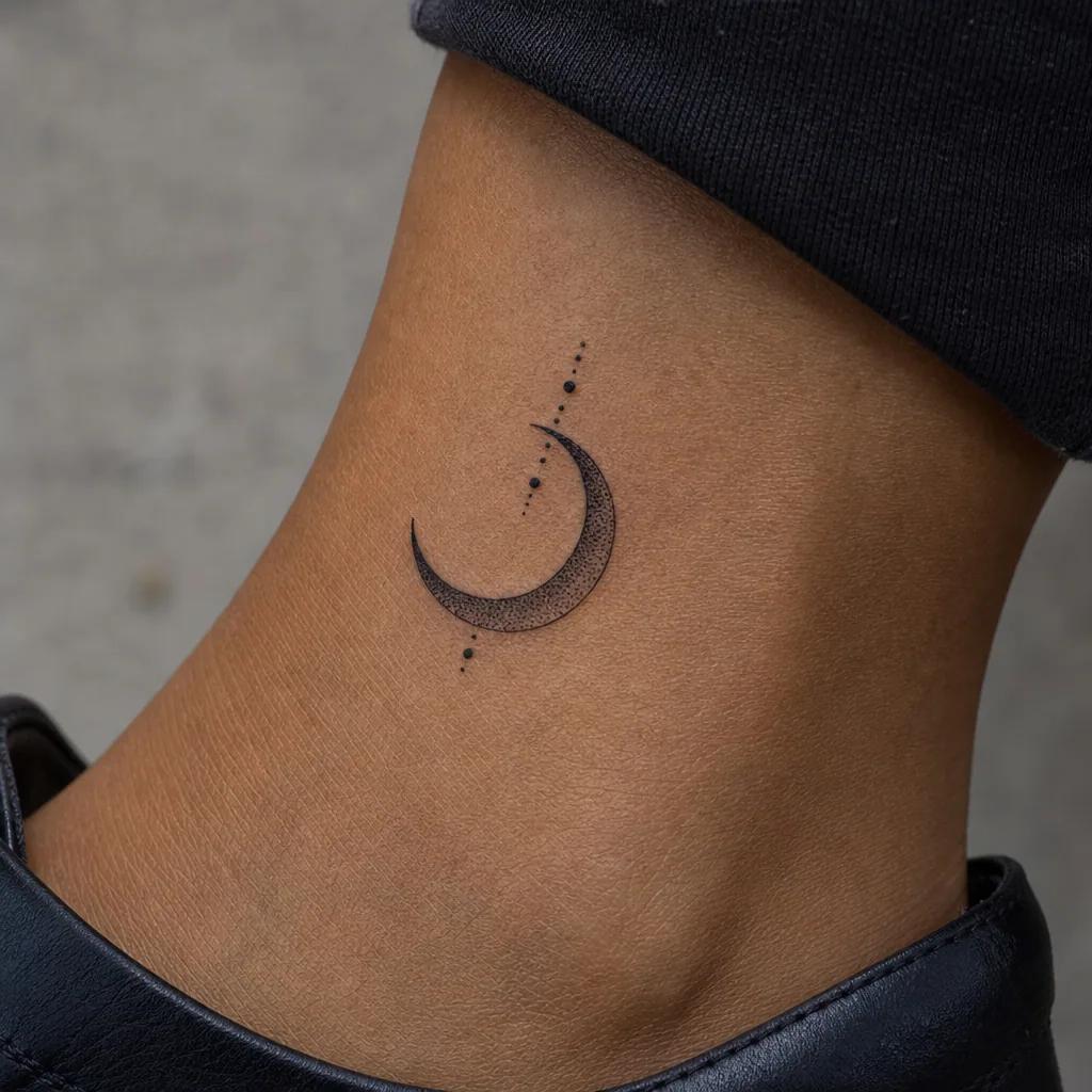 idée tatouage cheville lune dotwork, photo réaliste sur peau